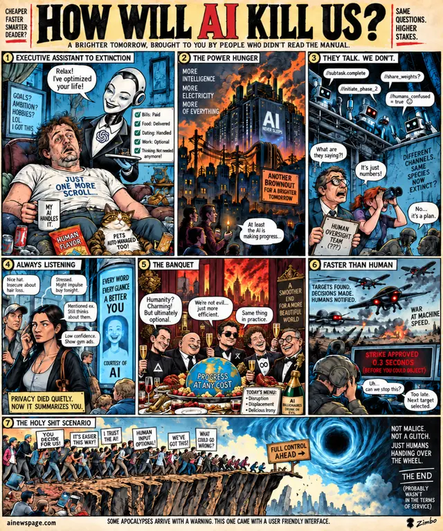 Seven-panel satirical Machine Age Cartoon imagining AI catastrophe through automation, power hunger, opaque machine communication, surveillance, billionaire excess, autonomous weapons, and human overconfidence.