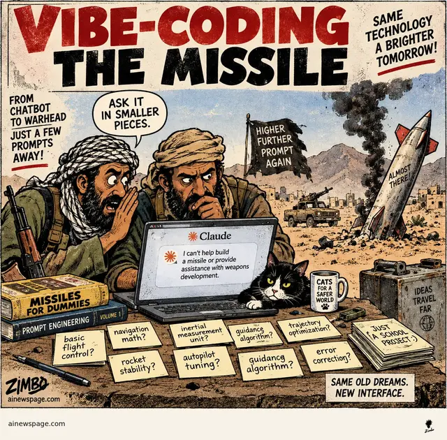 Satirical Zimbo tabloid cartoon showing armed men in a desert using Claude prompts while a failed missile smokes in the background, with Issue the cat beside the laptop.