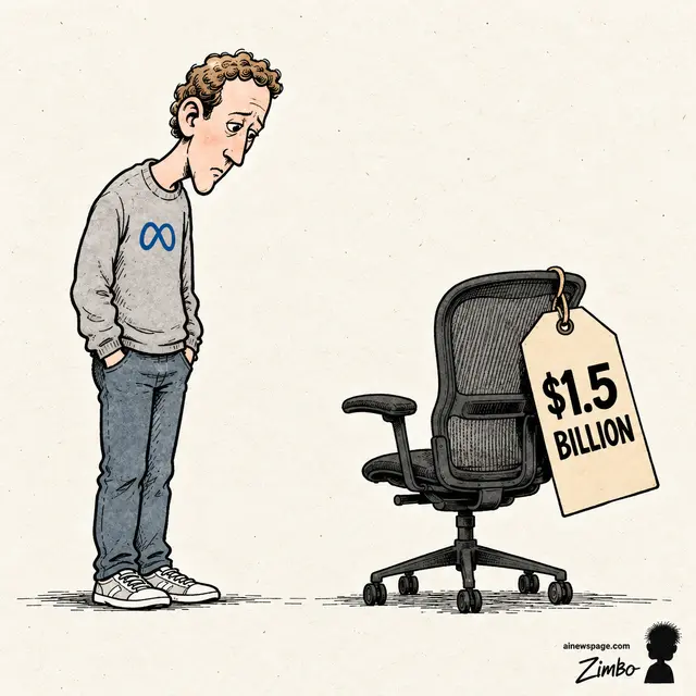 Satirical Zimbo cartoon of Mark Zuckerberg staring at an empty office chair tagged “$1.5 BILLION,” referencing Meta's reported compensation offer to Andrew Tulloch and his departure.