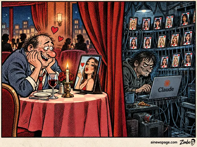 Satirical split-panel Zimbo cartoon contrasting a smitten man on a candlelit tablet date with a dim server room where a hooded operator runs a wall of AI dating-persona phone screens through a laptop labeled "Claude," referencing reports Claude powered scam personas on 20-plus dating apps.