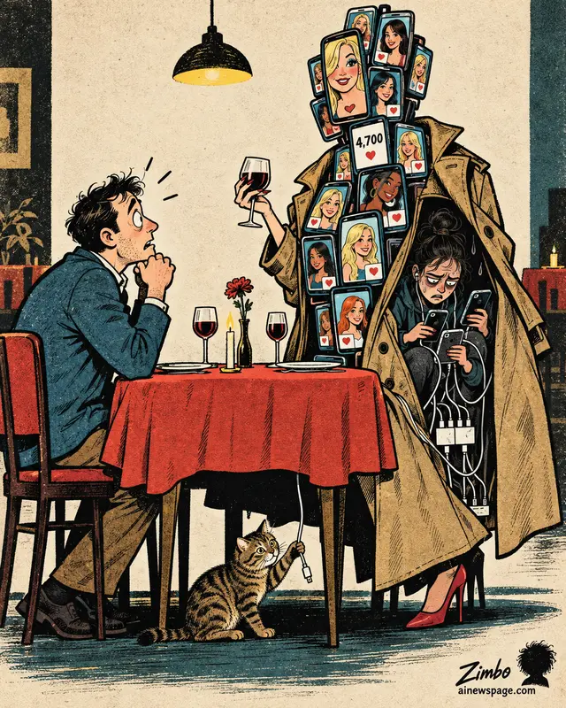 Satirical Zimbo cartoon of a stack of phone screens showing "4,700" AI dating personas disguised as one date raising a wine glass to a besotted man, a second person hidden underneath juggling charging cables, referencing reports Claude powered AI dating personas across 20-plus apps.