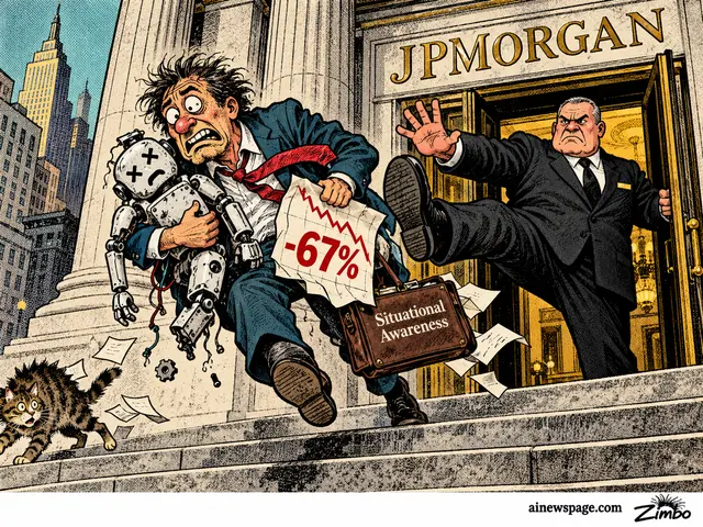 Satirical Zimbo cartoon of a disheveled man clutching a broken robot toy and a briefcase marked "Situational Awareness" beside a "-67%" chart, shoved out of a JPMorgan building by a guard, referencing reports JPMorgan cut off the Situational Awareness fund's lending after AI losses.