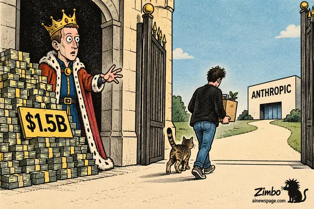 Satirical Zimbo cartoon of a crowned Mark Zuckerberg beside cash stacks tagged "$1.5B," pleading from a castle gate as a departing researcher and his cat walk toward Anthropic's headquarters, referencing reports Andrew Tulloch is leaving Meta after turning down a $1.5 billion pay package.