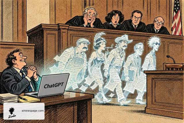 Satirical Zimbo courtroom cartoon of a lawyer delightedly presenting ChatGPT-generated phantom witnesses while the court recoils.