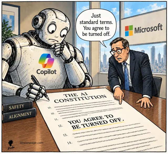 A humanoid robot wearing the Microsoft Copilot logo sits at a Microsoft conference table, pen hovering over a document titled THE AI CONSTITUTION, as a nervous Microsoft executive says "Just standard terms. You agree to be turned off."