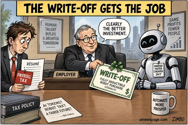 Satirical Zimbo cartoon of an employer handing a robot a bow-wrapped 'FULLY DEDUCTIBLE ROBOT PURCHASE' write-off over a dejected human candidate holding a 'PAYROLL TAX'-stamped resume, with a note reading 'AI Tokens? Robot Tax? A fairer future? -- Bill Gates'.