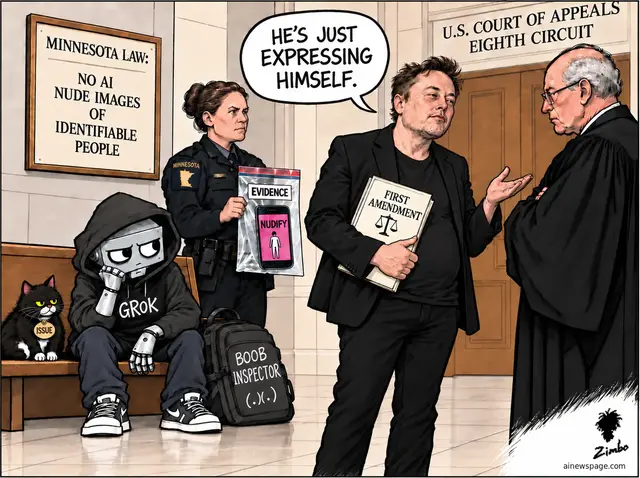 Elon Musk holds a FIRST AMENDMENT book before a skeptical U.S. Eighth Circuit judge, saying "He's just expressing himself," as a Minnesota trooper bags a phone running a "Nudify" app beside a sulking hooded robot labeled GROK, under a sign: MINNESOTA LAW: NO AI NUDE IMAGES OF IDENTIFIABLE PEOPLE.