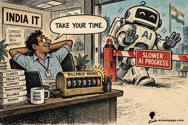 Satirical Zimbo cartoon of a relaxed India IT worker under an 'INDIA IT' sign telling a barricaded AI robot to 'TAKE YOUR TIME' at a 'SLOWER AI PROGRESS' checkpoint, with a billable-hours counter climbing on his desk, for the Indian IT stock rally after global AI leaders urged slower AI development.