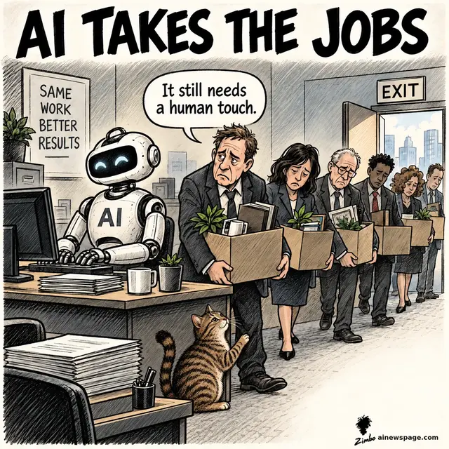 Satirical Zimbo cartoon of an AI-labelled robot typing at an office desk under a SAME WORK BETTER RESULTS sign as a line of laid-off workers carries cardboard boxes toward an EXIT door, the first one saying 'It still needs a human touch.' while a tabby cat paws at his leg.