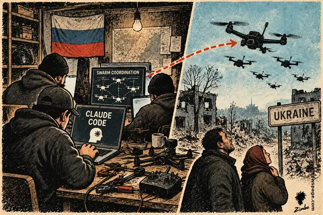 Split-panel engraving-style scene: in a workshop under a Russian flag, men at laptops labelled 'CLAUDE CODE' and 'SWARM COORDINATION' work over scattered drone parts; a dashed red arrow carries a drone swarm across to a ruined street where a man and a woman look up beside a 'UKRAINE' road sign.