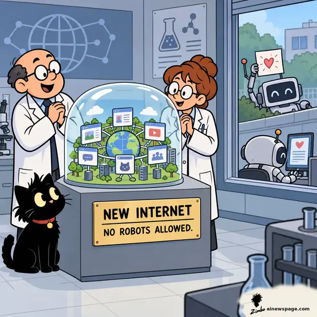 Satirical Zimbo cartoon of two scientists unveiling a glass-domed 'NEW INTERNET / NO ROBOTS ALLOWED' exhibit with a miniature clean web, while two wistful robots watch through a window, one holding a hand-lettered heart sign.