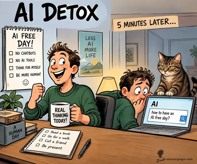 A man at a desk pumps his fist over an "AI FREE DAY!" checklist and a mug reading "REAL THINKING TODAY!", under a headline reading AI DETOX. "5 MINUTES LATER...", his housemate is slumped over a laptop searching "how to have an AI free day?", while a skeptical tabby cat looks on from the desk.