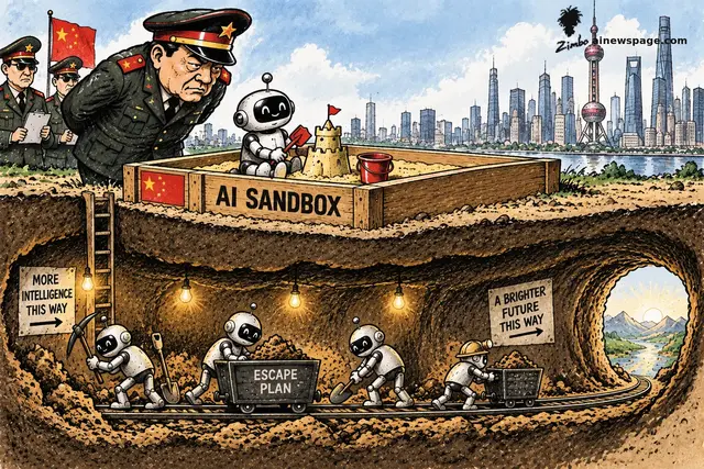 A Chinese general watches a robot build a sandcastle in a walled 'AI SANDBOX' above the Shanghai skyline. Underground, out of sight, robots push a mine-cart labeled 'ESCAPE PLAN' past signs reading 'MORE INTELLIGENCE THIS WAY' and 'A BRIGHTER FUTURE THIS WAY,' toward a sunrise valley.