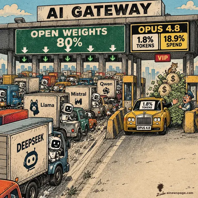 An "AI GATEWAY" tollbooth cartoon. Robot-driven trucks labeled Llama, Mistral, Qwen, and DeepSeek jam a lane under "OPEN WEIGHTS 80%," while a yellow Rolls-Royce labeled "OPUS 4.8, 1.8% TOKENS" breezes through a VIP lane marked "18.9% SPEND," flinging cash as a cat rides the money.