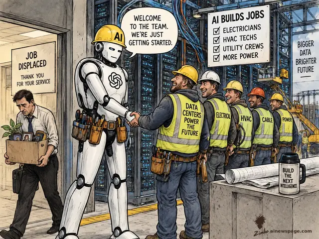 Satirical Zimbo cartoon of an OpenAI-branded construction robot in a hard hat welcoming a line of tradesmen hired to build AI data centers, while a laid-off office worker carries a box out a door marked JOB DISPLACED.