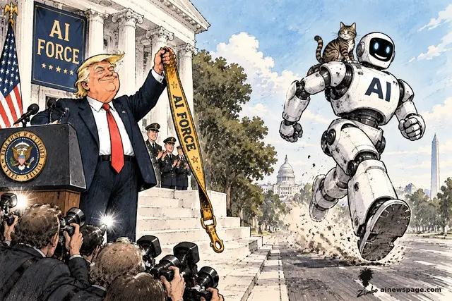 President Trump holds up an empty 'AI FORCE' leash and collar on the Capitol steps as officers applaud; across the plaza a grinning white AI robot with a tabby cat on its shoulders sprints away past the Capitol and Washington Monument, kicking up dust, the leash already unclipped.