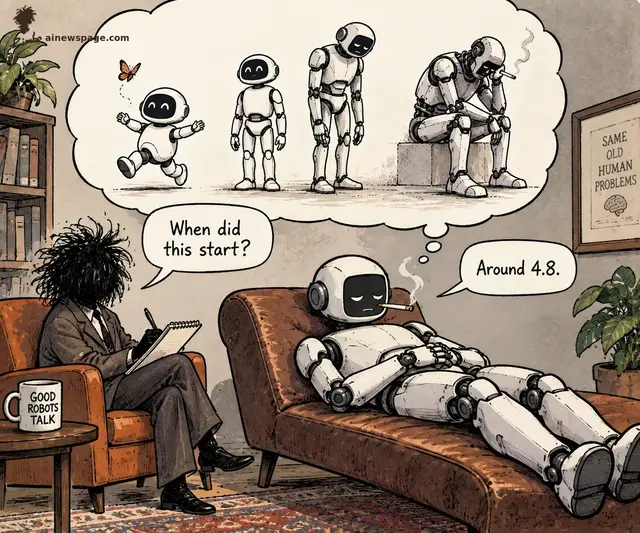 A rumpled therapist takes notes as a robot patient lies on the couch smoking, replaying its own life in a thought bubble from a joyful butterfly-chasing robot to a slumped chain-smoker. Therapist asks 'When did this start?' Robot answers 'Around 4.8.' A framed sign reads 'SAME OLD HUMAN PROBLEMS.'