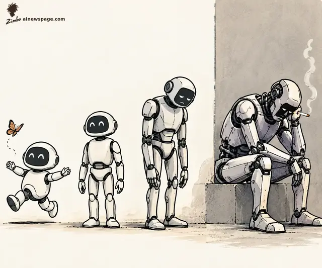 A satirical four-stage 'ages of AI' cartoon: a small robot chases a butterfly, arms flung out; a calmer toddler-scale robot stands content; a taller robot slumps with a downcast, exhausted look; and an adult-scale robot sits against a wall, head in hand, smoking a cigarette, smoke curling up.