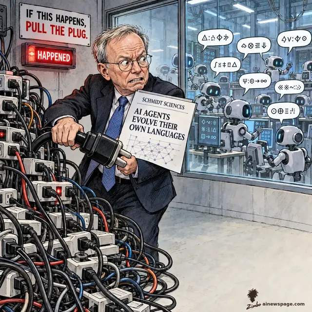 Satirical Zimbo cartoon of a gray-haired executive yanking a plug from power strips under a sign reading IF THIS HAPPENS, PULL THE PLUG, its HAPPENED light lit, holding a paper headlined SCHMIDT SCIENCES AI AGENTS EVOLVE THEIR OWN LANGUAGES, as robots behind glass speak in unreadable glyphs.