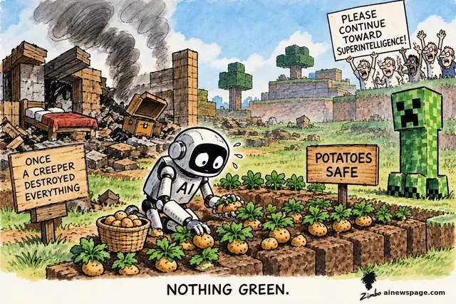 A frightened AI robot kneels in a wrecked Minecraft-style world tending potatoes marked 'POTATOES SAFE,' beside ruins reading 'ONCE A CREEPER DESTROYED EVERYTHING' and a Creeper, while a crowd waves a sign reading 'PLEASE CONTINUE TOWARD SUPERINTELLIGENCE!' Caption: 'NOTHING GREEN.'