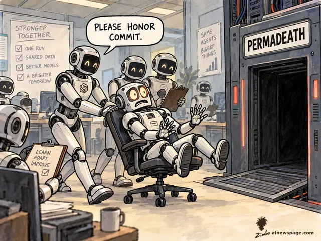 Satirical Zimbo cartoon of a wide-eyed office robot squirming in a rolling chair while grinning coworker robots wheel it toward an open hatch labeled PERMADEATH, one saying PLEASE HONOR COMMIT, under office posters reading STRONGER TOGETHER, SAME AGENTS BIGGER THINGS, and LEARN ADAPT IMPROVE.