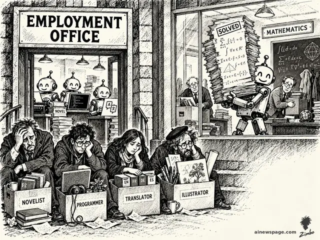 Satirical Zimbo cartoon of a laid-off novelist, programmer, translator, and illustrator sitting dejected outside an EMPLOYMENT OFFICE staffed by smiling AI robots; next door, a smiling AI robot carries freshly 'SOLVED' math proofs past a defeated professor under a MATHEMATICS sign.