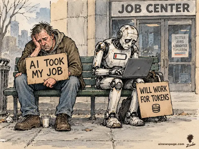 Satirical Zimbo cartoon of a laid-off man on a bench outside a JOB CENTER holding a sign reading 'AI TOOK MY JOB,' beside a battered, low-battery robot on a laptop with its own sign reading 'WILL WORK FOR TOKENS.'