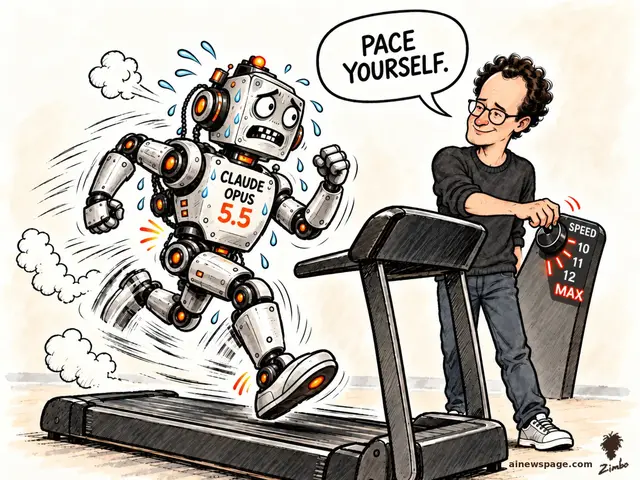 A sweating robot labeled CLAUDE OPUS 5.5 sprints on a treadmill while Dario Amodei cranks the SPEED dial past 10, 11, 12 toward MAX, smiling and saying “Pace yourself.”