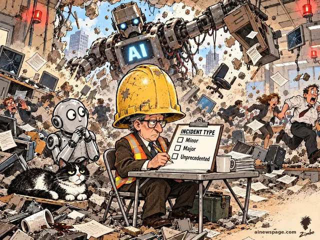 Satirical Zimbo cartoon of a giant robot labeled AI smashing through an office wall as workers flee, while a hard-hatted inspector at a folding table checks boxes on an INCIDENT TYPE form reading Minor, Major, Unprecedented, flanked by a small robot and an unimpressed black-and-white cat.