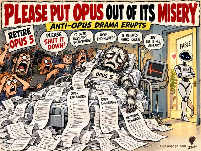 A robot labeled OPUS 5 lies in a hospital bed buried under complaint printouts (OVER EXPLANATION, OVER ENGINEERING, NEUROTIC BEHAVIOR) as protesters shout for it to be shut down and retired, while a robot labeled FABLE walks in through the door.