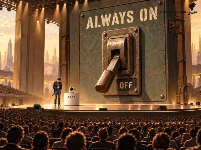 A giant rusted industrial switch labeled ALWAYS ON thrown to OFF towers over a product-launch stage where a presenter bows beside a tiny dead Dots agent before a vast audience