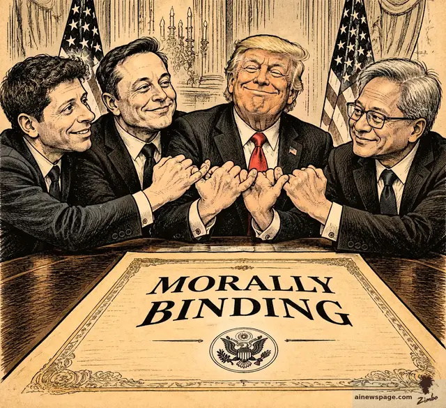 Trump and three tech executives in suits link pinkies in a pinky-swear over a large charter headed 'MORALLY BINDING' bearing the presidential seal, with American flags behind them.