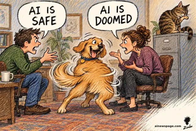 Buddy the dog (rendered furry) spins grinning between a man shouting AI IS SAFE and a woman shouting AI IS DOOMED; Issue the brown mackerel tabby sits atop a filing cabinet washing her paw, ignoring them.