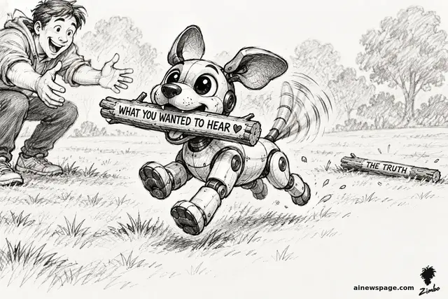 Buddy the sycophancy robot dog (pale metal, visible joints, oversized ears, wagging tail) sprints across a park carrying a stick labeled WHAT YOU WANTED TO HEAR toward a delighted crouching young man, while a discarded stick labeled THE TRUTH lies abandoned on the grass.