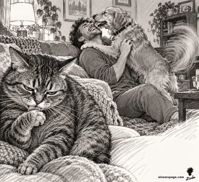Buddy the dog (rendered furry) ecstatically licks the face of a laughing man on a couch; Issue the brown mackerel tabby sits in the foreground grooming her paw, utterly disdainful.