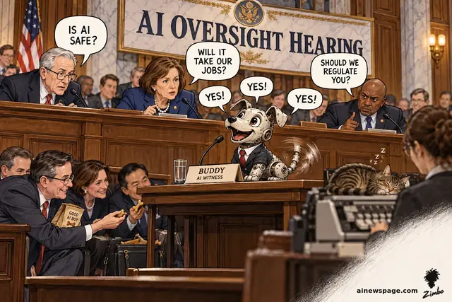 Buddy the metal robot dog, in a tiny suit and tie behind a BUDDY / AI WITNESS placard, answers YES! to three senators' contradictory questions at an AI OVERSIGHT HEARING; lobbyists slip him treats from a GOOD AI BOY bag while Issue the tabby sleeps on the stenographer's machine.