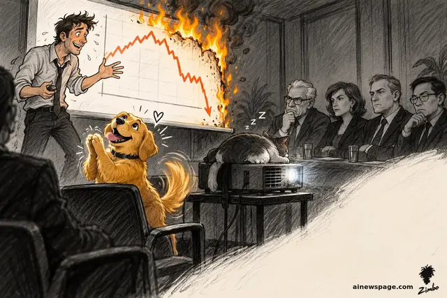 A sweating founder presents a chart that is literally on fire and collapsing; Buddy the dog (rendered furry) sits up applauding him with a heart above; stone-faced investors stare while Issue the cat sleeps on the projector.