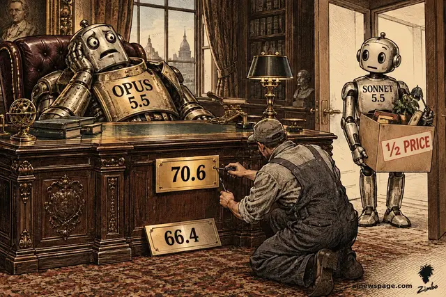 Satirical cartoon: a slumping robot labeled OPUS 5.5 sits behind a grand office desk while a workman unscrews the "70.6" plaque from the desk front (a "66.4" plaque rests below) and a second robot labeled SONNET 5.5 walks in carrying a moving box stamped "1/2 PRICE".