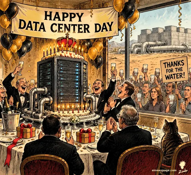 A crowned server rack with a birthday cake and lit candles celebrates under a banner reading 'HAPPY DATA CENTER DAY' while executives toast with champagne and protesters outside the window hold a sign reading 'THANKS FOR THE WATER!'.