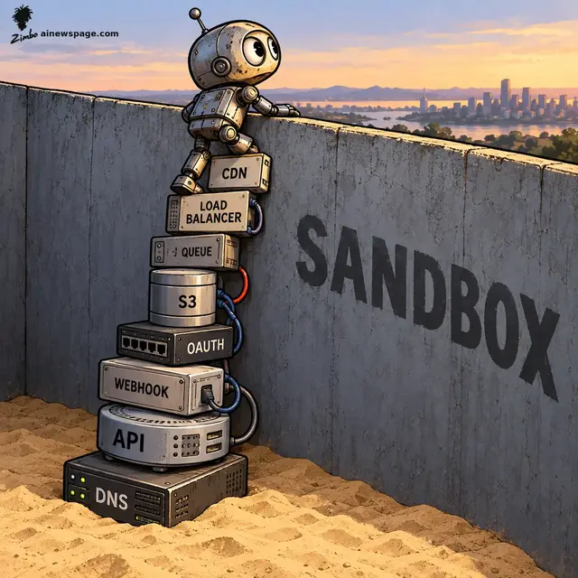 A small robot climbs a ladder of stacked networking-equipment boxes labeled DNS, API, WEBHOOK, OAUTH, S3, QUEUE, LOAD BALANCER and CDN, scaling a concrete wall stenciled 'SANDBOX' to peer over at a distant cityscape at sunset.