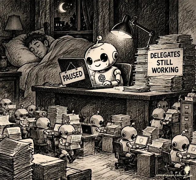 A small round robot works at a laptop at 3AM with a PAUSED sign hanging on it while its owner sleeps in bed behind; beneath the desk dozens of tiny delegate robots keep working at laptops among towering paper stacks, under a placard reading DELEGATES STILL WORKING.