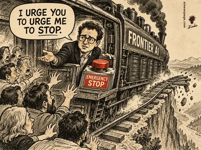Satirical cartoon: Dario Amodei leans from a runaway FRONTIER AI train heading off a broken cliff track, hand on a red EMERGENCY STOP button, saying 'I URGE YOU TO URGE ME TO STOP.'