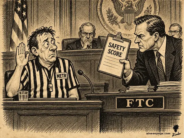 Satirical cartoon: a sweating referee labeled METR sits at a witness stand, hand raised, while an FTC interrogator holds up the referee's own 'SAFETY SCORE' clipboard as evidence.