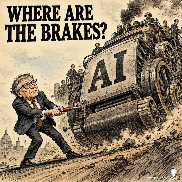 Satirical cartoon: Bill Gates grips a comically tiny red brake handle on a giant rolling AI machine beneath the headline 'WHERE ARE THE BRAKES?'