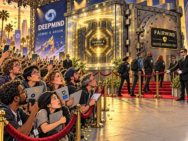 Satirical cartoon: a glowing GEMINI 4 ARGON core locked inside a bank vault with a FAIRWIND — TRUSTED DEFENDERS ONLY plaque, while a crowd of developers with laptops presses against a red velvet rope, locked out.
