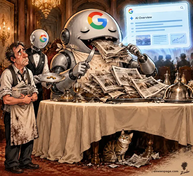 Satirical cartoon: a giant Google robot gorges on whole newspapers at a banquet table while a mechanical waiter presents three copper coins to an exhausted publisher; Issue the tabby cat sits under the table, knowing.