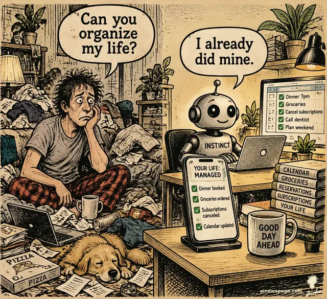 Satirical cartoon: a frazzled human drowning in clutter asks 'Can you organize my life?' while a tidy Instinct robot at an immaculate desk, phone and laptop in hand, replies 'I already did mine.'