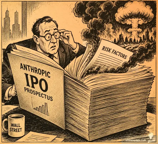 A worried investor peers over his glasses at a giant 'ANTHROPIC IPO PROSPECTUS'; from its 'RISK FACTORS' page, smoke rises into a mushroom cloud over a burning city skyline, while a 'WALL STREET' coffee mug sits on the desk.