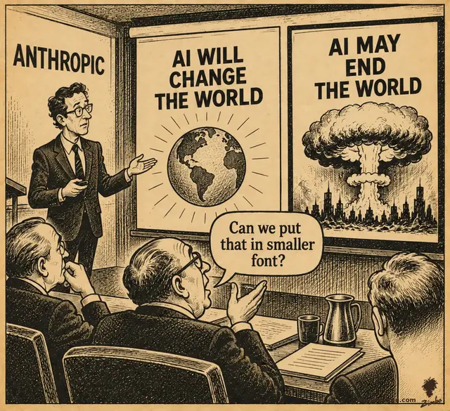 An Anthropic presenter stands beside two IPO roadshow slides reading 'AI WILL CHANGE THE WORLD' and 'AI MAY END THE WORLD' (the latter over a mushroom cloud), while an investor in the audience asks 'Can we put that in smaller font?'.