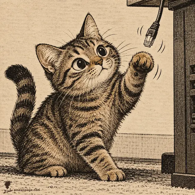 Issue, a small brown mackerel tabby, rears up with one paw raised mid-swat at a dangling ethernet cable plugged into a dark server rack; motion lines trail the swinging plug. Warm sepia ink on cream paper, wordless.